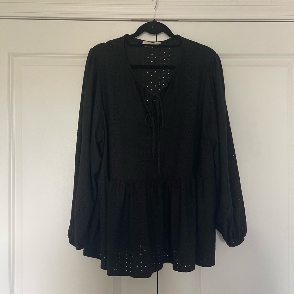 Women's Black Eyelet Tie-Neck Peplum Blouse